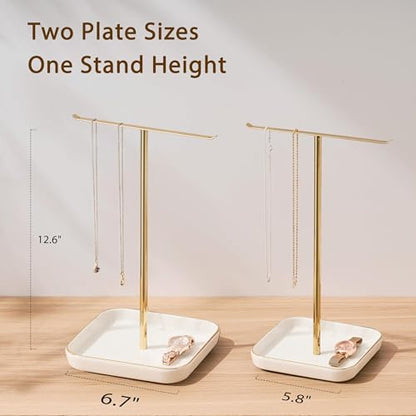 pickpiff Necklace Holder Stand with Ceramic Base: 12" Jewelry Tree Display Organizer for Necklaces, Bracelets, Rings, Earrings, Tall Gold Stand for Women, Aesthetic Room Décor, Gold and White