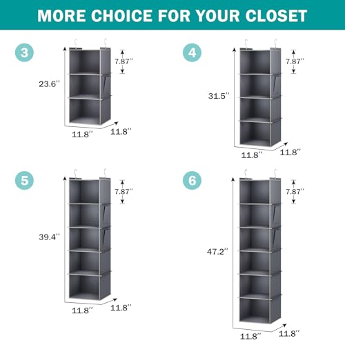 YOUDENOVA Hanging Closet Organizer and Storage for Clothes, 4-Shelf, Grey | Locker/RV/Camper Organizer, Side Pocket, Hanging Shelves for Small Closet, Dorm Room Essentials for Guys, Breathable Fabric