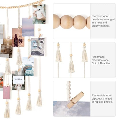 Mkono Hanging Photo Display, Boho Decor with String Lights, 30 Wood Clips | Ivory, Room Decor for Teen Girls, Macrame Wall Decor, Aesthetic Cards Artwork Holder, Bedroom Nursery Living Room Dorm
