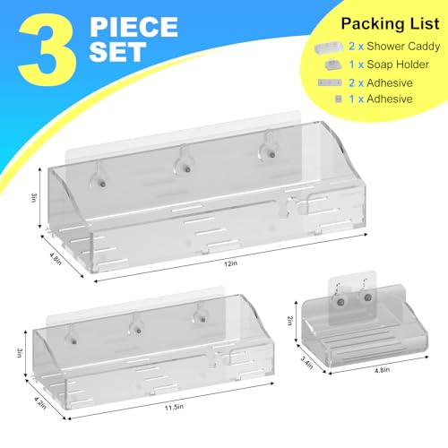 Acrylic Shower Shelves 3 Pack, Clear Adhesive Shower Caddy Organizer, Rustproof No Drill Wall Mount Bathroom & Kitchen Storage Rack