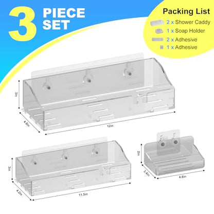 Acrylic Shower Shelves 3 Pack, Clear Adhesive Shower Caddy Organizer, Rustproof No Drill Wall Mount Bathroom & Kitchen Storage Rack