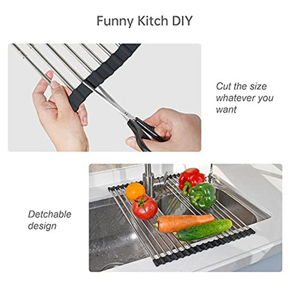 Large Telescopic Drain Rack Roll Up Rack Heat-Resistant Dish Drainer Kitchen Sink Rack Over the Sink Dish Drying Rack Stainless Steel Dish Rack (18 Tube 21.25''x12.79'')