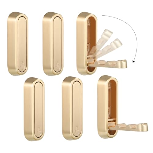 Folding Coat Hooks, Gold, 6 Pack, Wall Hook, Hanging Towels Clothes Bag | 90° Foldable Design, Foldable Hook Wall Mounted, Includes Screws And Anchors, For Hanging Coats Towels Hat Bags Keys