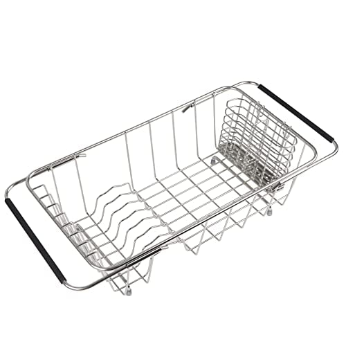 Sink Dish Drainer Rack, Expandable Stainless Steel Dish Drying Rack | 304 Stainless Steel Sink Rack with Utensil Holder, Adjustable 14.96"-20.59", Fits Inside Sink, Holds Up to 7 Upright Utensils