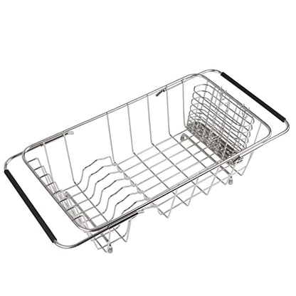 Sink Dish Drainer Rack, Expandable Stainless Steel Dish Drying Rack | 304 Stainless Steel Sink Rack with Utensil Holder, Adjustable 14.96"-20.59", Fits Inside Sink, Holds Up to 7 Upright Utensils