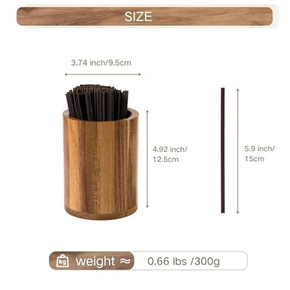 Acacia Wood Coffee Straw Holder Set with 100 Disposable Straws, Wooden Bar Accessories for Milk Cocktail Tea Drinks Stirrer Stir Sticks, Organizer for Station Countertop