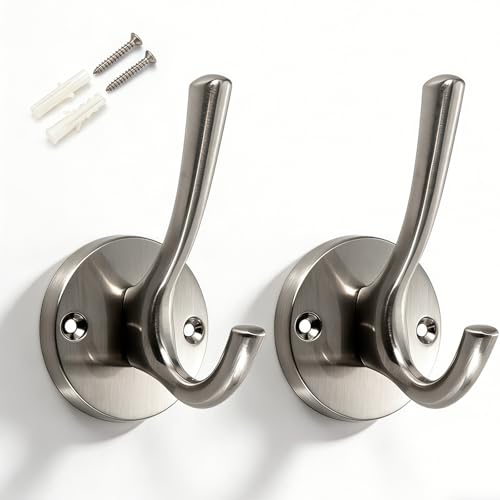 Towel Hooks for Bathrooms Silver Wall Hooks 2 Pack Brushed Nickel Coat Hooks Heavy Duty Towel Wall Hooks for Coats Robes Hats Bath Entryway Cubicle Kitchen Screw in Brushed Nickel Towel Hooks