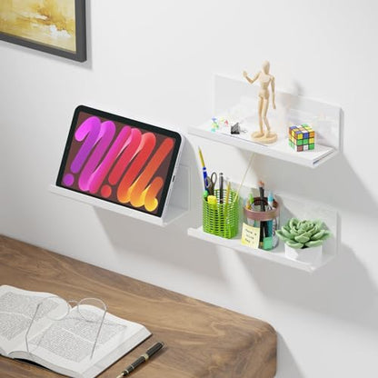 PAVSTINE Acrylic Wall Floating Shelves Set of 2, Wall Shelves White 12 Inch Adhesive Wall Organizer Adhesive Shelf for Bathroom, Kitchen, Bedroom, Office, Gaming Room, No Damage, No Drill