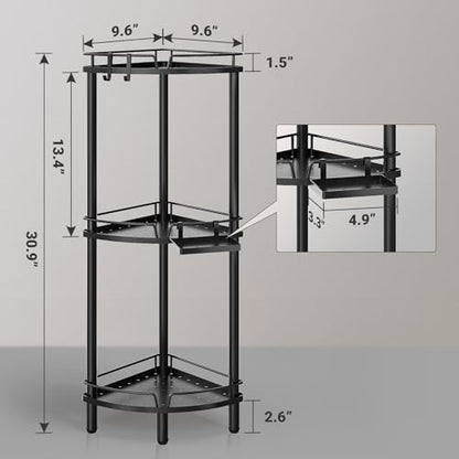 Corner Shower Caddy Standing, 3 Tier Metal Shower Organizer, Black | Stainless Steel Shower Shelves with Soap Holder, Adjustable Feet & 2 Hooks for Storing Bath Essentials in Bathroom corner
