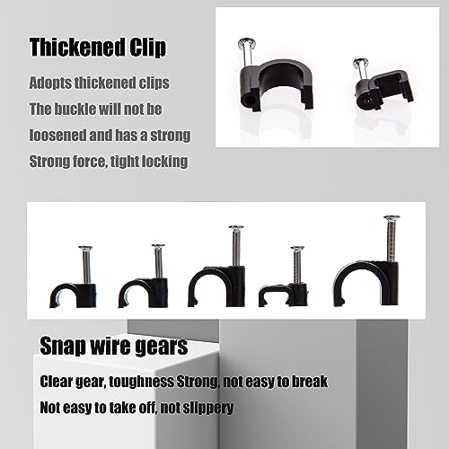 700 Pcs Cable Clips with Steel Nails, Nail in Cable Clips, Black 4/5/6/8/10mm Cable Wire Clips, Cable Wall Clips, Wire Staples Cord Clips with Nails for Speaker Ethernet Cords Wires