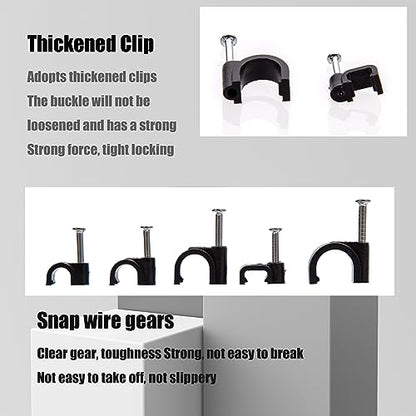 700 Pcs Cable Clips with Steel Nails, Nail in Cable Clips, Black 4/5/6/8/10mm Cable Wire Clips, Cable Wall Clips, Wire Staples Cord Clips with Nails for Speaker Ethernet Cords Wires