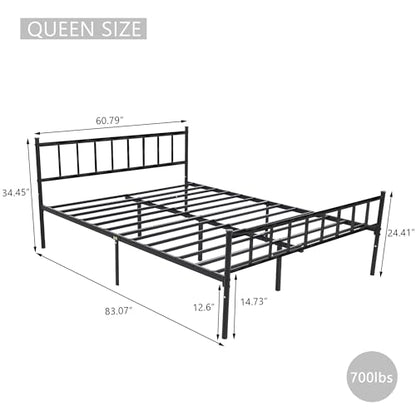 Metal Platform Queen Bed Frame with Headboard Sturdy Steel Slats Support No Box Spring Needed Easy Assembly Black