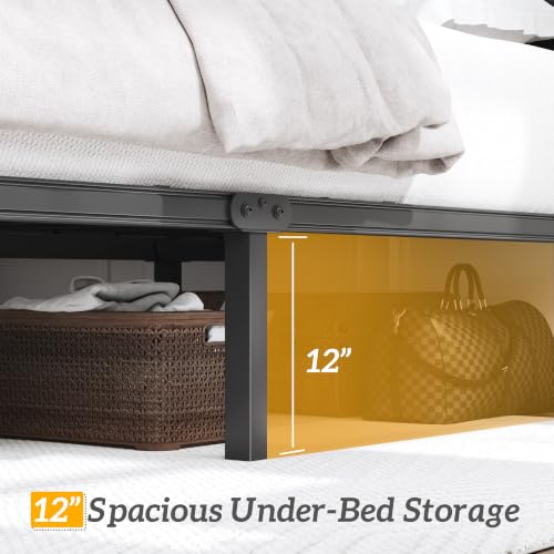 HISOFT Queen Bed Frame with Upholstered Button Tufted Headboard, Bed Frame Platform Metal Slats Support, Under Bed Storage, No Box Spring Needed, Noise-Free, Easy Assembly, Black