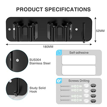 homeasy Wall Mount Mop and Broom Holder, Heavy Duty Stainless Steel Organizer Rack with Hooks | 2-Pack, 2-in-1 No Drill & Screw Installation, Black