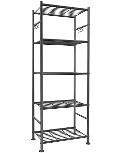 Storage Shelves - 5-Tier Large Capacity Shelf Organizer with Hooks, Heavy-Duty Garage Shelving with Leveling Feet, Wobble-Free Rack for Bedroom, Balcony, Garage, 18.1"×12.4"×56.8", Black
