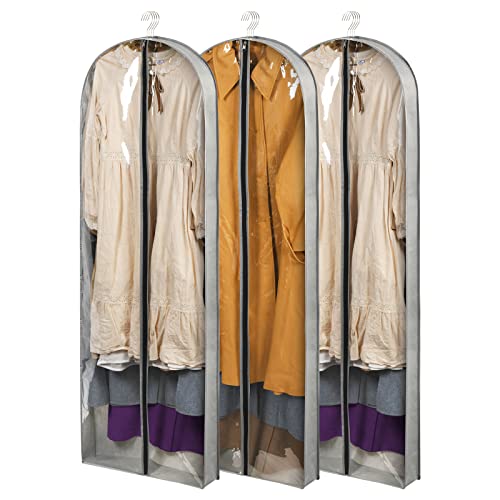 3 Pack 60" Long Garment Bags for Hanging Clothes Storage | Clear Suit Garment Bags with 4" Gussets for Closet Storage Travel Plastic Protector for Dress Gowns, Coats, Suit, Down Jacket
