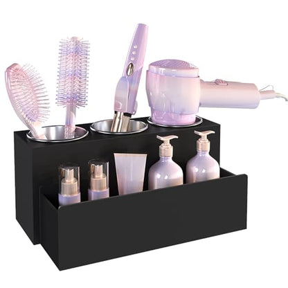 Matte Black Countertop Hair Tool Organizer for Vanity | Stainless Heat Insulated Cups, Detachable Drawer, Stores Hot Styling Tools, Hair Dryer & Curling Irons