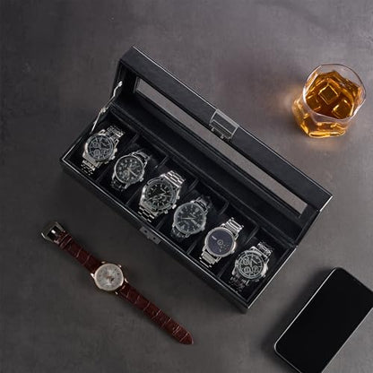 ProCase 6 Slots Watch Case Box for Men -AllBlack | PU Leather Man Watch Organizer, Soft Pillow, Lockable Glass Display Lid, Storage Holder for Watch Collection