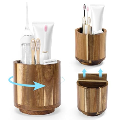 Toothbrush Holder for Bathrooms Toothpaste Organizer, Acacia Wood | Four Drainage Holes,Removable Divider,360° Rotating Base,Space-Saving,Farmhouse Style,for Bathroom Countertop,Shower,Vanity