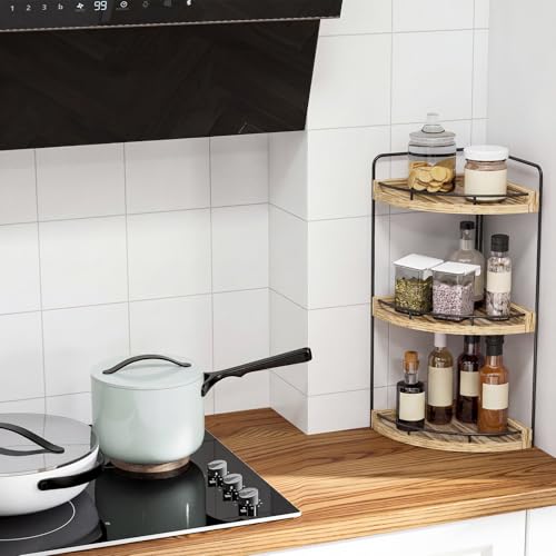 Fixwal 3 Tier Corner Bathroom Countertop Organizer Vanity Shelf Light Brown | Corner Organizer, Rustic Wood Finish, Countertop Storage for Bathroom Essentials, No Install, Compact, Space Saving