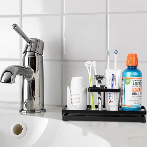 Toothbrush Holders Toothpaste Organizer Bathroom Accessories, Matte Black | Carbon Steel, 5 Slots, Removable Drip Tray, Easy to Clean, Electric Toothbrush Storage, for Countertop, Shower, Sink