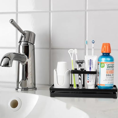 Toothbrush Holders Toothpaste Organizer Bathroom Accessories, Matte Black | Carbon Steel, 5 Slots, Removable Drip Tray, Easy to Clean, Electric Toothbrush Storage, for Countertop, Shower, Sink