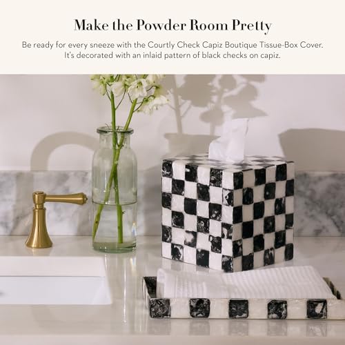 MACKENZIE-CHILDS Boutique Tissue-Box Cover, Black-and-White Courtly Check | Handcrafted design, made from capiz seashell, tissue holder for home decor, 5" square x 6" H