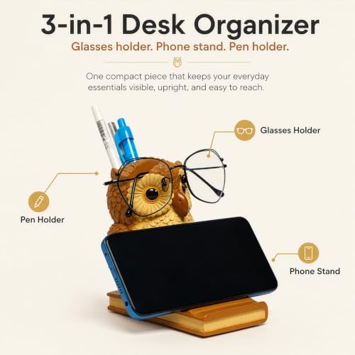 Owly Mate Owl Eyeglass Holder for Nightstand and Desk, Cute Glasses Holder with Phone Stand and Pen Holder, 3-in-1 Desk Organizer for Glasses, Phone & Pens - Gift for Owl Lovers