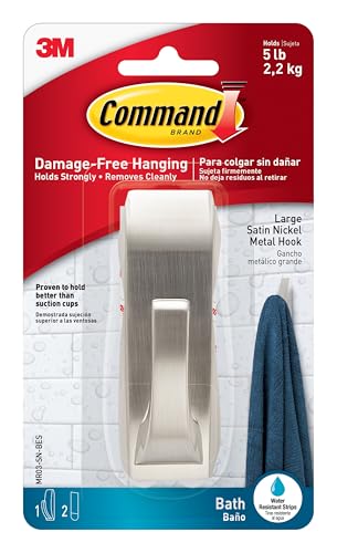 Command Large Satin Nickel Bath Hooks, 1 Hook, 2 Strips | Water Resistant, Damage-Free Hanging, Ideal for Bathroom Organization, Great for Hanging Bath Robes, Holds up to 5 lb