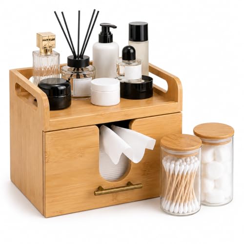 Vespara Bamboo Disposable Face Towel Holder with Drawer 2 Glass Jars, Facial Towel Holder for Vanity Organizer, Skincare Organizer for Clean Skin Club Face Towels Dry Wipes Cleansing Bathroom Counter