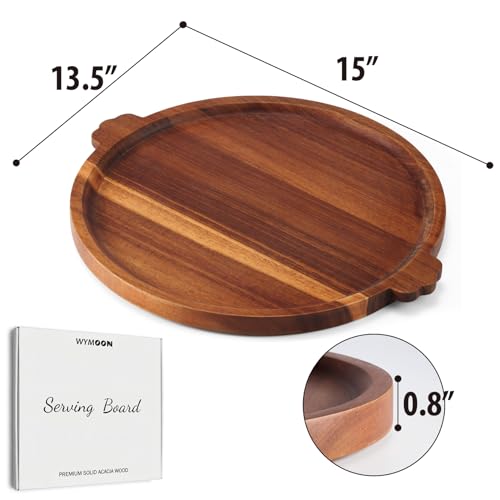 Charcuterie Board 13'' Wood Serving Platter Round Ottoman Coffee Table Tray | Acacia Wood Serving Tray with Handles, Wooden Cheese Board Circular Decorative Serving Platter for Party Supplies, 1 Board