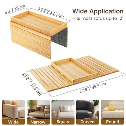 Couch Arm Tray, Bamboo Sofa Armrest Tray for Couch，Natural | Anti-Slip Couch Armrest Table, Foldable Couch Cup Holder for Dessert, Phone, Control, Cups