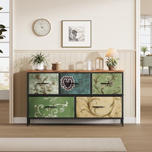 OLIXIS 5 Drawer Dresser for Bedroom, Storage Organizer Unit for Closet | Chest of Drawers for Clothes Storage with Bins, Wide Fabric Bedroom Dresser, Wooden Top, Living Room, Flower