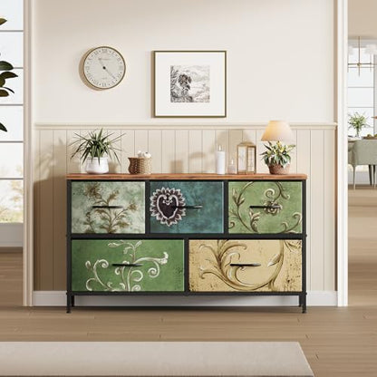 OLIXIS 5 Drawer Dresser for Bedroom, Storage Organizer Unit for Closet | Chest of Drawers for Clothes Storage with Bins, Wide Fabric Bedroom Dresser, Wooden Top, Living Room, Flower