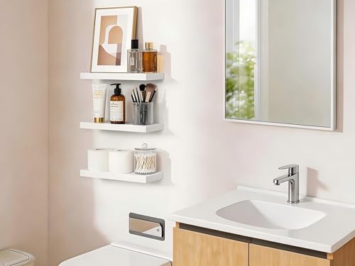 BAYKA White Floating Shelves 15.7in, Set of 3, Wall Mount Rustic Wood Shelf | 22lbs Max Load, Hidden Bracket, for Bathroom Bedroom Kitchen Display Storage Decor, Easy Install, Multi-Wall Compatible