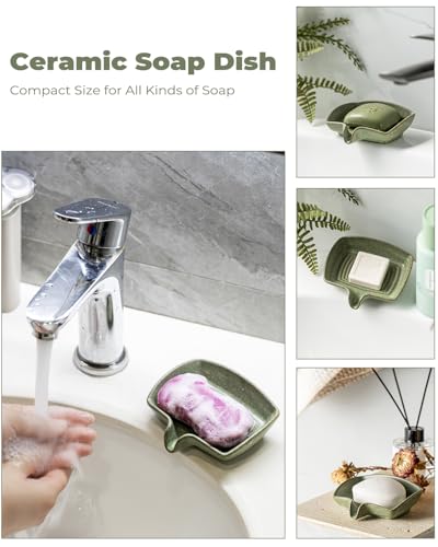 Self Draining Soap Dish, Ceramic Bar Soap Holder with Drainage | Soap Saver with Waterfall Design Soap Tray for Shower, Bathroom, Sink, Kitchen and Countertop, Farmhouse Kitchen Decor, Green
