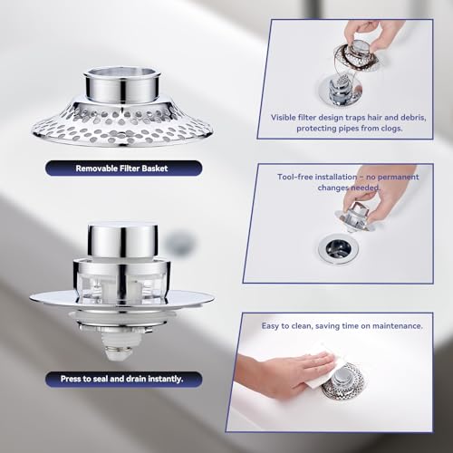 Bathtub Drain Stopper with Removable Hair Catcher, 3-in-1 Pop-up Drain Plug Fits 1.38 to 1.8 Inch Holes, Upgrade Shower Drain Cover with Stainless Steel Filter