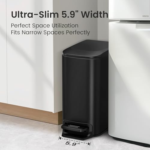 Cesun Small Bathroom Trash Can with Lid, 1.6 Gal, Soft Close, Matte Black | Step pedal soft close, Slim 5.9in fits narrow spaces, Stainless steel, Anti-fingerprint, Removable inner bucket, Odor seal