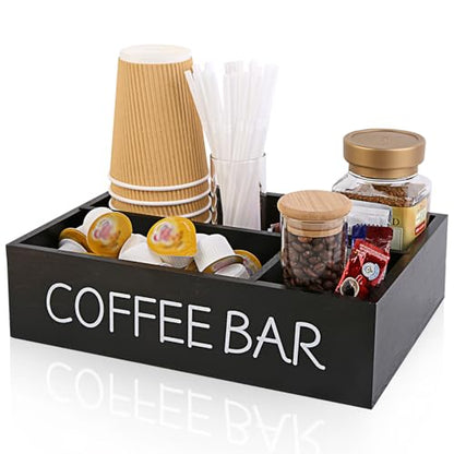 Coffee Bar Organizer – Wooden Coffee Station with 4 Compartments, Removable Dividers, and Condiment Storage for Home & Office