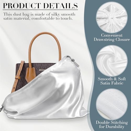Satin Dust Bags for Handbags & Purses, 6 Pack, 19.6 x 15.7 in | Bag Protectors for Luxury Handbags, Protect Against Dust, Scratches & Scuffs, Bonus Zipper Pouch
