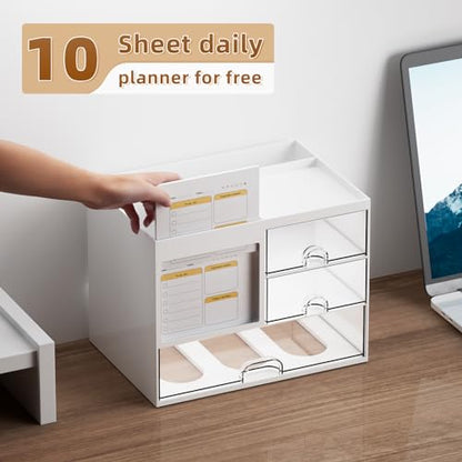 Marbrasse Desk Organizer with 3 Drawer, Multi-Functional Pencil Pen Holder for Desk, Desk Organizers and Accessories with 4 Compartments, Desktop Organizer Storage for Office Home Art Supplies (White)