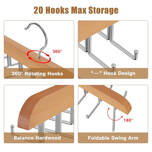 Tie Rack Hanger for Closet, 2 in 1 Belt Tie Hangers with 20 Folding Hooks, 360 Degree Rotating Wooden Tie Holder Organizer for Men Ties Belts Scarves Tank Tops Accessories, Wood (2 Pack)