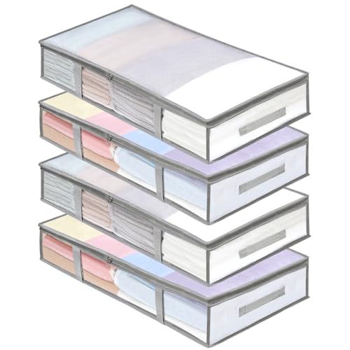 4 Packs Under Bed Storage Containers Bins, Humid-Proof Plastic Underbed Storage Bins, Closet Organizers and Clothes Storage Bags, Under the Bed Blanket Storage with Handles for Clothes,Bedroom