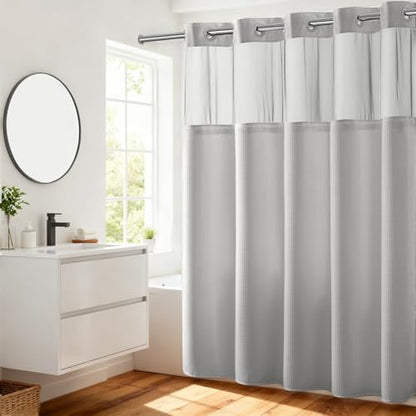 River Dream Waffle No Hook Shower Curtain with Liner,Light Grey,71x74 | Dotted Waffle,Snap-in Liner,Heavy Duty,Quick Dry,Mesh Top Window,With Bottom Magnets,Hotel-Grade,Washable,Standard Size