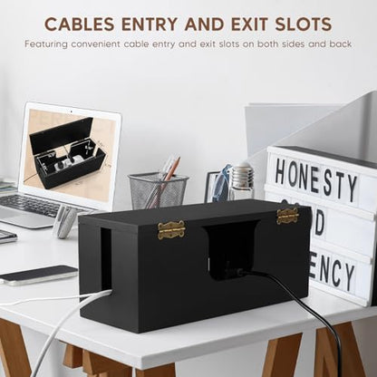 Large Cable Management Box - Wood Cable Organizer Box and Power Strip Box for Electrical Cord Management - Hide Desk Cord and Floor Cables - Wire Storage and Organization for Cords, Black