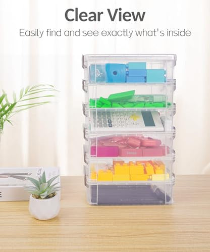 Sooez 6 Pack Extra Large Pencil Box, Plastic Pencil Case Crayon Box | Clear Marker Organizer Plastic Containers with Lid, Stackable Storage Boxes for Art Craft,Back to School Supplies, Grey