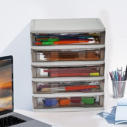 5 Drawer Desktop Storage Bin Unit, Small Plastic Organizer, White Frame with Clear Drawer, Mini Container Case for Desk, Storing Craft, Accessory, Stationery
