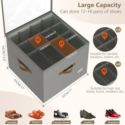 Vincona Shoe Organizer for Closet,2 Pack Shoe Storage Bins Foldable Shoe Storage Box Containers with Clear Cover and Sturdy Handles,Shoe Rack for Closet Storage for Sneakers Heels Slippers (Grey)