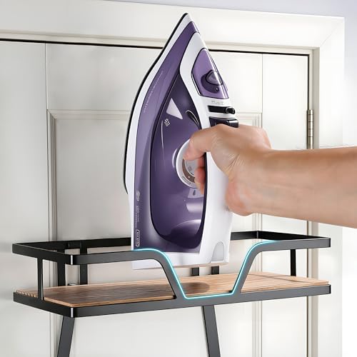 Ironing Board Holder Wall Mounted, 2-Layer Sturdy Iron and Ironing Board Hanger with Wood Shelf, Space Saving Laundry Room Organization for Iron, Board & Accessories