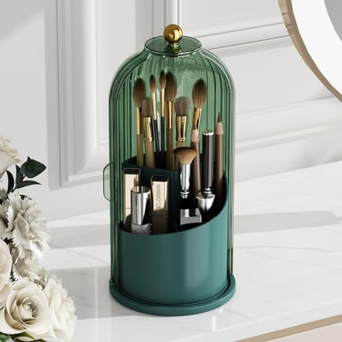 GAXmi Makeup Brush Holder with Lid Rotating Cosmetic Organizer, All Green | 360 Rotation, Waterproof, Dustproof, Moistureproof